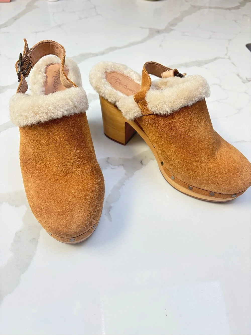 Madewell The Marlo Slingback Clog in Shearling-Lined Nubuck Brown Faux-Fur Clogs